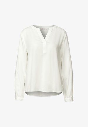 Biała bluzka z długim rękawem, z dekoltem w kształcie litery V i plisą, o luźnym kroju i ściągaczach przy mankietach, wykonana z gładkiego, lekkiego materiału.