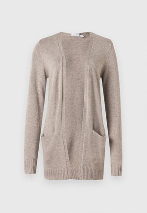 Beige lange mouwen cardigan met open voorkant, geribbelde zoom en twee voorzakken. Zachte textuur en ontspannen pasvorm voor comfort.