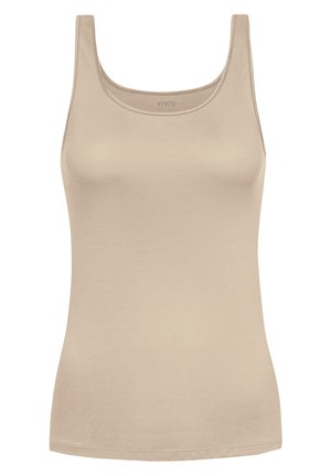 Beige tank top made of smooth fabric, featuring a scoop neckline and wide shoulder straps. No visible patterns or accents.