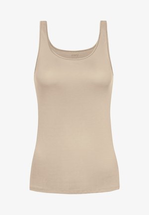Beige tank top made of smooth fabric, featuring a scoop neckline and wide shoulder straps. No visible patterns or accents.