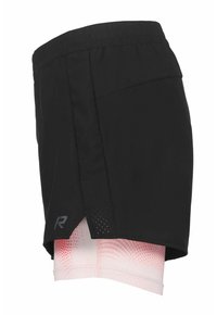 Sorte atletikshorts med indbygget pink og hvid gradient tekstureret kompressionsindlæg, sideslids og reflekterende "R"-logo nær kanten.