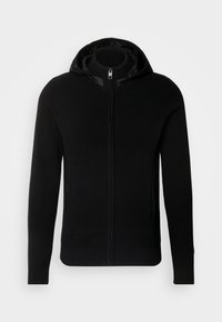Black zip-up hoodie made of textured fabric. Features a hood, front pockets, and ribbed cuffs and hem. Smooth lining inside the hood.