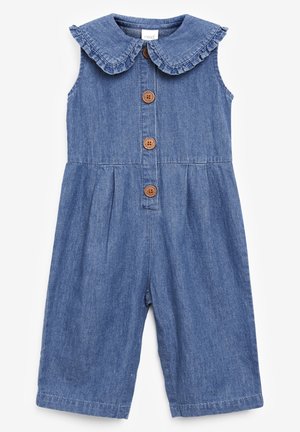 Denim-dragter med en flæsekant, der har tre træknapper foran, og bukser med brede ben og kantede afslutninger.