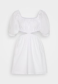 Vit kort klänning med puffärm, fyrkantig halsringning, samlad midja och en utskärning vid mitten. Slät tyg.