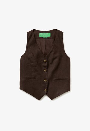 Bruine mouwloze vest met vier knopen aan de voorkant, twee voorzakken en een groen United Colors of Benetton-label aan de binnenkant van de kraag.