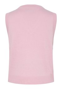 Top de punto rosa sin mangas con un escote redondo, textura suave y un ajuste relajado. Los dobladillos acanalados en las sisas y en la parte inferior añaden un detalle sutil.