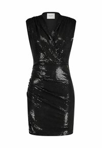 Robe noire pailletée avec un décolleté en V profond et sans manches. Présentant des détails froncés à la taille et une silhouette ajustée.