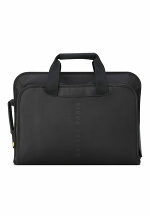 Black laptop bag with a textured surface, dual top handles, and a subtle logo print. Features a sleek rectangular shape.