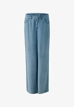 Lichtblauwe denim broek met wijde pijpen, elastische tailleband en trekkoord, voorzien van steekzakken aan de voorkant en broekriemlussen.