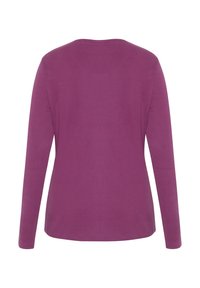 Langarmshirt in einfarbigem Lila. Hergestellt aus weichem, dehnbarem Stoff mit einem runden Ausschnitt und minimalen Nahtdetails auf der Rückseite.