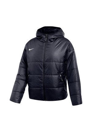 Schwarze wattierte Kapuzenjacke mit Frontreißverschluss, zwei seitlichen Reißverschlusstaschen und weißem Nike-Logo auf der Brust.