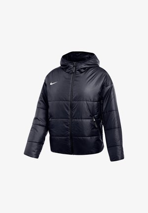 Schwarze wattierte Kapuzenjacke mit Frontreißverschluss, zwei seitlichen Reißverschlusstaschen und weißem Nike-Logo auf der Brust.