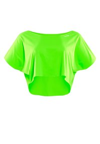 Neon zelena, skraćena majica s labavim, lepršavim dizajnom. Napravljena od glatkog, sjajnog materijala, ima širok izrez i kratke rukave.