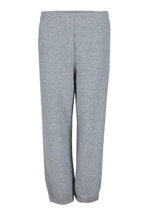 Szürke melegítőnadrág rugalmas derékpánttal és szegélyekkel. Puha, texturált anyagból készült, egyenes szabású, látható minták nélkül.