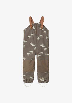 Braune Kinder-Overalls mit verstellbaren Trägern, Frontreißverschluss, Rhinozeros-Druck, verstärkten Knieflicken und elastischen Bündchen an den Knöcheln mit Fußschlaufen.