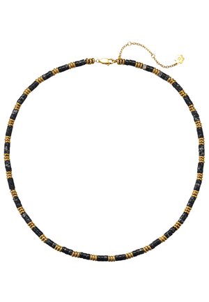 Halskette mit abwechselnd schwarzen marmorierten und goldenen zylindrischen Perlen, mit einem Goldverschluss und verstellbarer Kette mit Blumenanhänger.