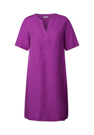 Abito corto in lino viola con maniche corte, scollo a V e patta con bottoni, caratterizzato da una vestibilità comoda e un orlo all'altezza del ginocchio.