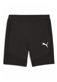 Pantalones cortos deportivos negros con un panel lateral texturizado, que cuentan con dos bolsillos frontales con cremallera y un logo de Puma blanco en el muslo izquierdo.