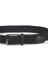 Svart vevd belte med rektangulær metallspenne, lærdetaljer og en strukturert mønster, designet for justerbar passform.