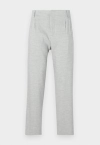 Pantalons gris clair en tissu texturé, avec une coupe sur mesure, deux poches latérales et un design à jambes droites.