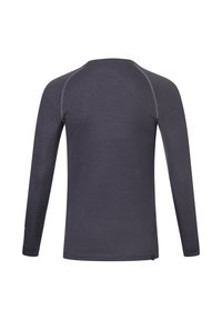 Donkergrijs shirt met lange mouwen en raglannaad, gezien vanaf de achterkant tegen een witte achtergrond.