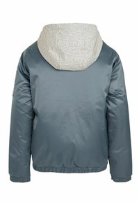 Gepolsterte Jacke in einem gedämpften Blau-Grau mit einer hellgrauen, strukturierten Kapuze; verfügt über elastische Ärmelbündchen und einen Saum für eine enge Passform.