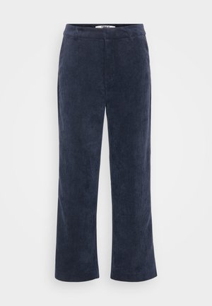 Marineblauwe corduroy broek met een rechte pijp, voorzien van een soepele textuur en een middelhoge tailleband. Geen zichtbare hardware of patronen.