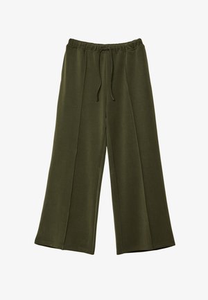 Olivengrønne bukser med vide ben lavet af blødt stof, med elastisk talje og justerbar snor, med en glat overflade.
