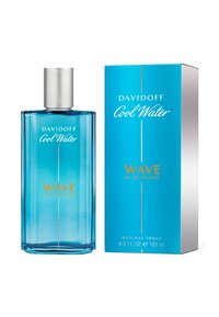 Davidoff Cool Water Wave Eau de Toilette, 125 ml. Heldere glazen fles met zilveren dop, blauwe vloeistof en oranje tekst aan de voorkant. Doos is turkoois.