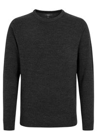 Donkergrijze crewnecktrui van een zachte gebreide stof. Heeft lange mouwen en een rechte zoom met minimale details.