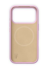 Telefoonhoesje met een bleke roze rubberen rand en een gouden, getextureerde achterkant met een cirkelvormig accent en merklabel in de onderste hoek.