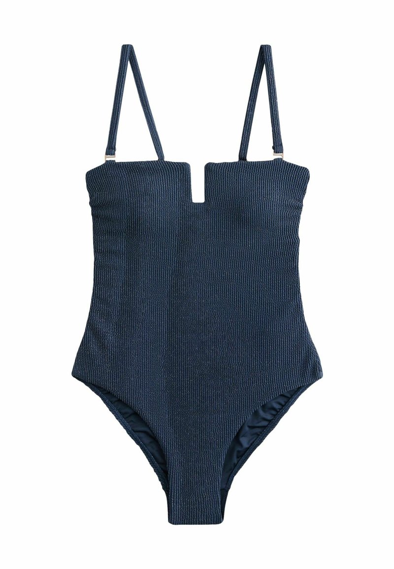Maillot de bain une pièce bleu marine avec une texture côtelée, décolleté carré et bretelles fines réglables. Prend en charge des ouvertures de jambes à haute coupe.