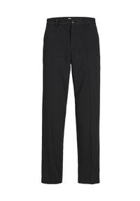Pantalones negros de corte recto, hechos de una tela suave. Cuentan con un cierre frontal de botón, cremallera y pasadores para cinturón. Sin patrones visibles.