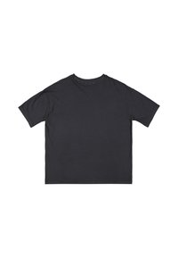 Μαύρο βαμβακερό T-shirt με χαλαρή εφαρμογή, στρογγυλή λαιμόκοψη και κοντά μανίκια. Λείο υφασμάτινο, χωρίς ορατά σχέδια ή μεταλλικά στοιχεία.