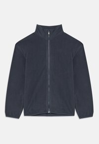 Casaco de fleece azul-marinho com fecho completo na frente, gola alta, punhos elásticos e um discreto logótipo "only" no lado esquerdo do peito.