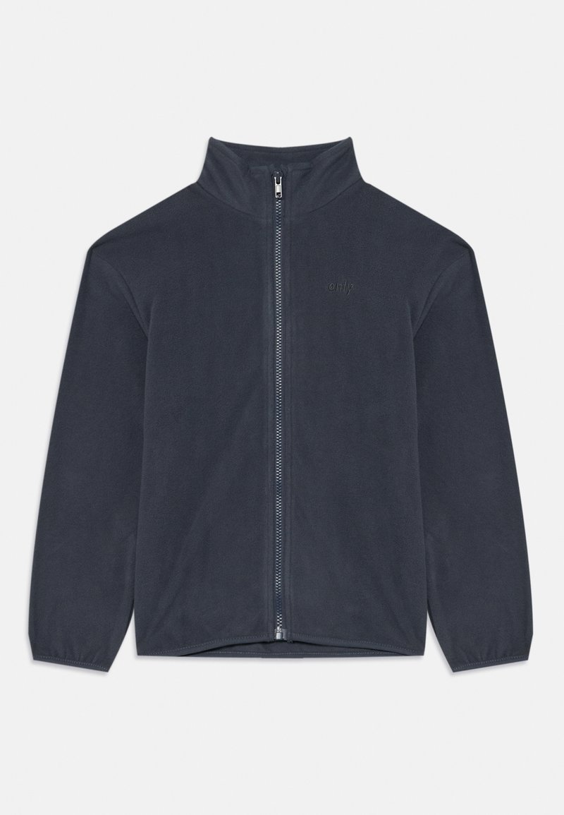 Casaco de fleece azul-marinho com fecho completo na frente, gola alta, punhos elásticos e um discreto logótipo "only" no lado esquerdo do peito.
