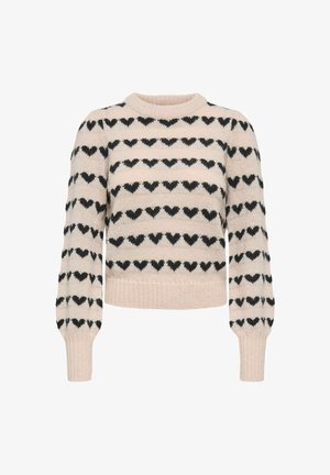 Strikket sweater i lyserød med sorte hjerte-mønstre. Har rund halsudskæring og ribbet kant ved ærmerne. Kort, afslappet pasform med lange ærmer.