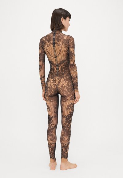 Zwarte kanten body met lange mouwen, bloemen- en vissennetpatronen, ritssluiting op de rug, nauwsluitend ontwerp, doorschijnende textuur.