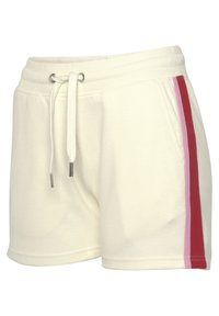 Witte katoenen shorts met een trekkoord in de taille, voorzien van rode, roze en bordeaux zijstrepen en twee zijzakken. Glad textuur.