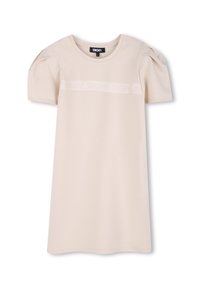 Korte mouwen jurk van lichtbeige stof, met puffmouwen en een tonale DKNY-logo band over de borst. Glad textuur, relaxte pasvorm.