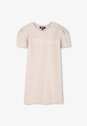 Korte mouwen jurk van lichtbeige stof, met puffmouwen en een tonale DKNY-logo band over de borst. Glad textuur, relaxte pasvorm.