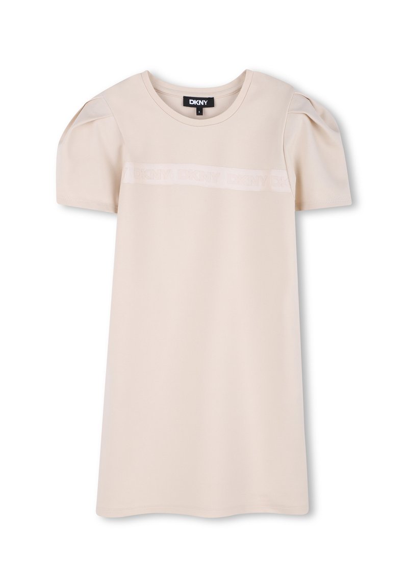 Korte mouwen jurk van lichtbeige stof, met puffmouwen en een tonale DKNY-logo band over de borst. Glad textuur, relaxte pasvorm.