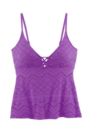 Lila ärmelloses Top mit dünnen verstellbaren Trägern, spitzenähnlichem Diamant- und Zickzackmuster und kleinem Ausschnitt mittig vorne.