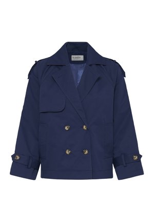 Trench-coat bleu marine à double boutonnage avec grandes poches avant, épaulettes et détails de boutons sur les manches. Confectionné dans un tissu lisse.