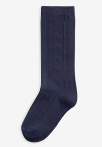 Dunkelblaue Baumwollsocke mit einem gerippten oberen Teil, der ein strukturiertes Rautenmuster an den Seiten und einen verstärkten Zehenbereich aufweist.