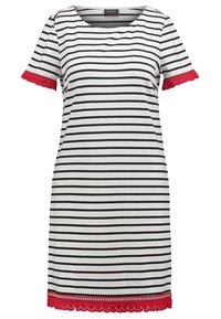 Robe t-shirt rayée avec des rayures horizontales noires et blanches, encolure ronde, manches courtes et finition en dentelle rouge aux manches et à l'ourlet.