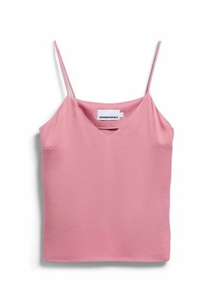 Pink sleeveless satin camisole with thin spaghetti straps and a V-neckline, label visible inside neckline.