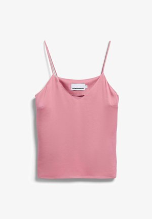 Pink sleeveless satin camisole with thin spaghetti straps and a V-neckline, label visible inside neckline.