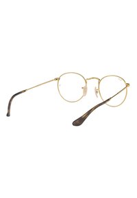 Occhiali rotondi con montatura in metallo dorato, lenti trasparenti e aste in acetato a motivo marrone. Presentano cuscinetti per il naso per maggiore comfort.