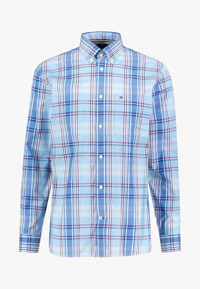 Blue and white plaid shirt with button-down collar, long sleeves, and single chest pocket. Features alternating check patterns in varying shades.